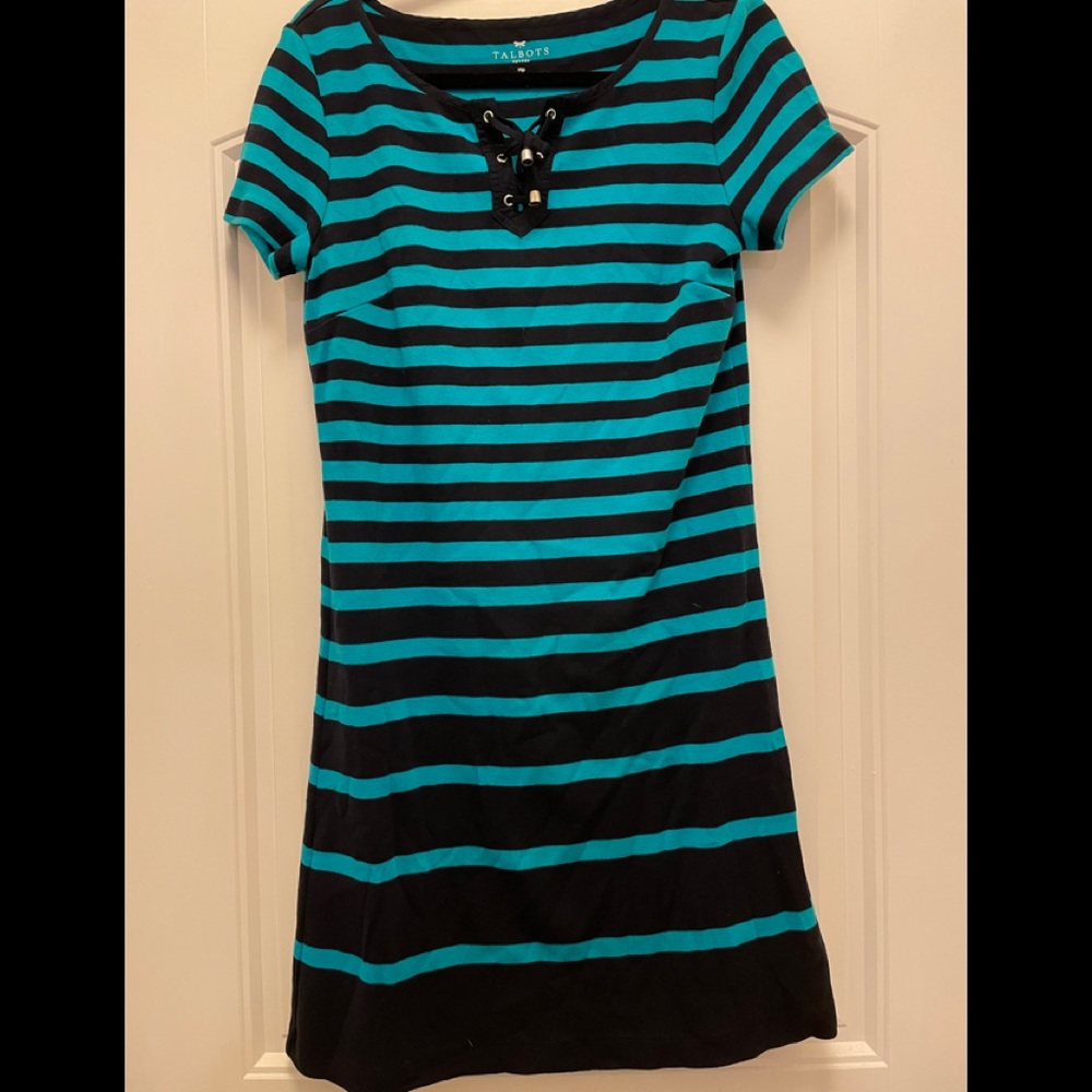 Talbots Short Sleeve Blue Black Stripe Dress Sz MP